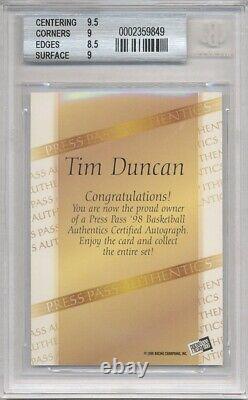 1998 Press Pass Tim Duncan autograph Card Spurs auto BGS 9