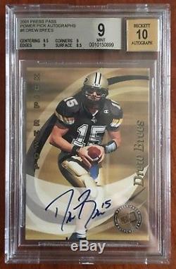 2001 Press Pass Drew Brees RC Power Pick Autograph /250 Saints Auto Rookie BGS 9