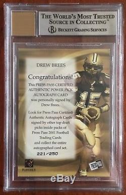 2001 Press Pass Drew Brees RC Power Pick Autograph /250 Saints Auto Rookie BGS 9