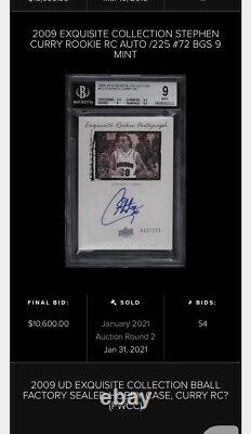 2009 Exquisite Collection #72 ROOKIE RC /225 Stephen Curry BGS 9 MINT with 10 AUTO