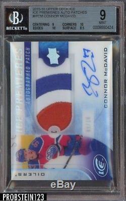 2015-16 UD Ice Premieres Connor McDavid RPA RC Logo Patch AUTO /10 BGS 9