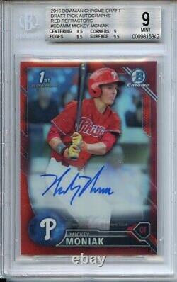 2016 Bowman Chrome Draft Mickey Moniak AUTO AUTOGRAPH RED REFRACTOR /5 BGS 9/10