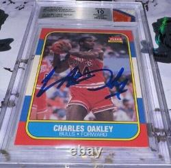 Charles Oakley 1986-87 Fleer #81 Game Used Patch Auto BGS 10 Autographed