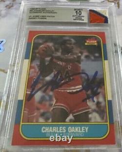 Charles Oakley 1986-87 Fleer #81 Game Used Patch Auto BGS 10 Autographed