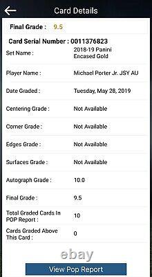 Michael Porter Jr 2018-19 Panini Encased Gold /10 Rookie RC Auto BGS 9.5 POP 8